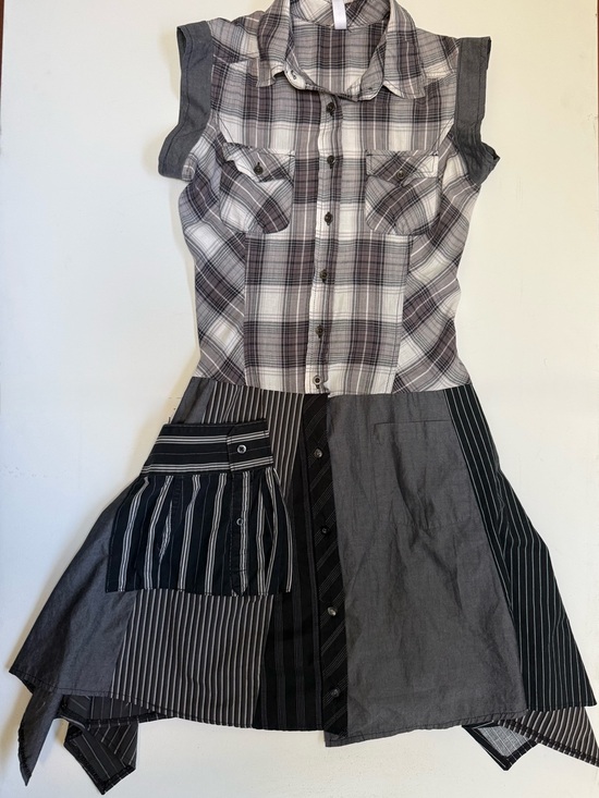 Dresses & Skirts - Asymmetrical Patchwork Button Shirt Dress Black Gray S